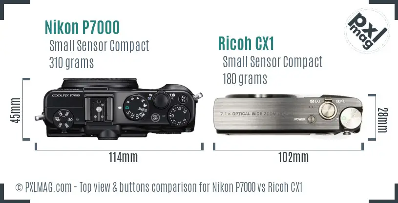 Nikon P7000 vs Ricoh CX1 top view buttons comparison