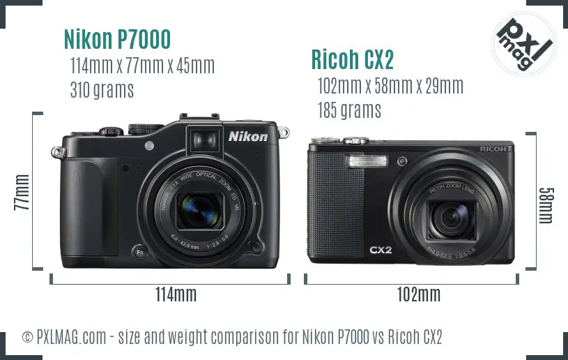 Nikon P7000 vs Ricoh CX2 size comparison