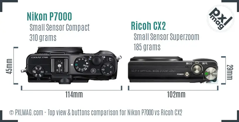 Nikon P7000 vs Ricoh CX2 top view buttons comparison