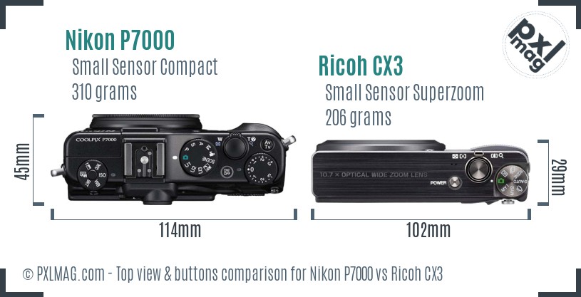 Nikon P7000 vs Ricoh CX3 top view buttons comparison