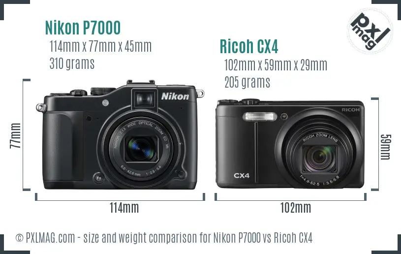 Nikon P7000 vs Ricoh CX4 size comparison