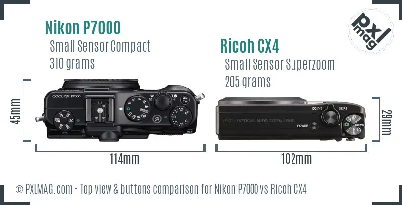 Nikon P7000 vs Ricoh CX4 top view buttons comparison