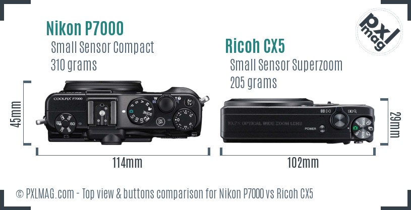 Nikon P7000 vs Ricoh CX5 top view buttons comparison