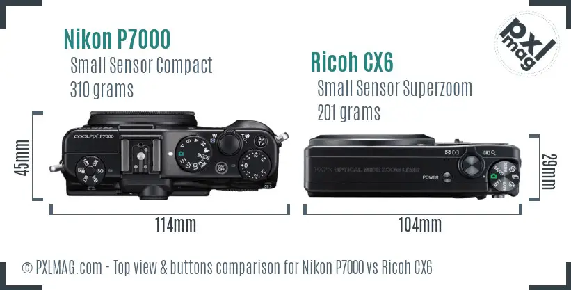 Nikon P7000 vs Ricoh CX6 top view buttons comparison