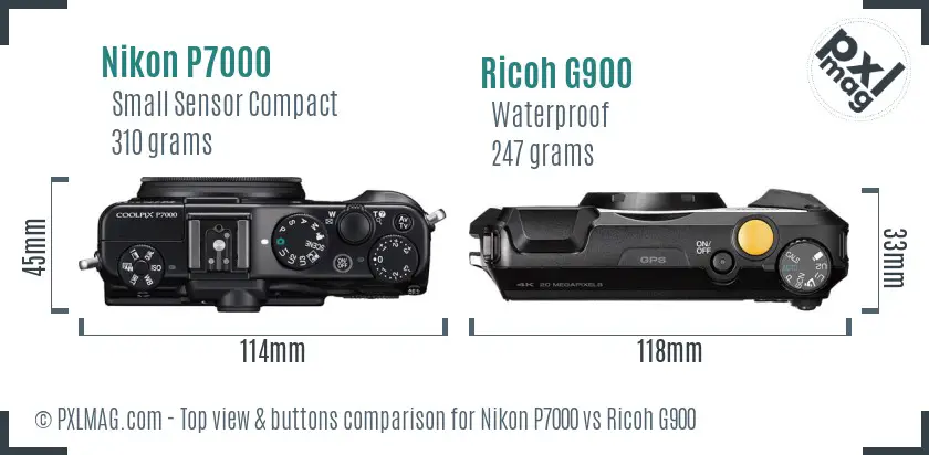 Nikon P7000 vs Ricoh G900 top view buttons comparison Nikon P7000 vs Ricoh G900 top view buttons comparison