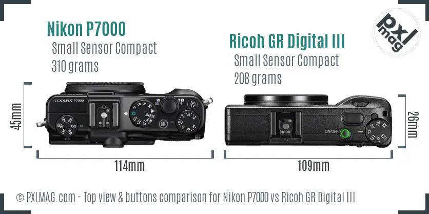 Nikon P7000 vs Ricoh GR Digital III top view buttons comparison