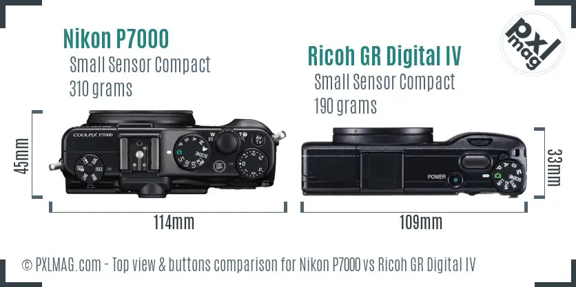 Nikon P7000 vs Ricoh GR Digital IV top view buttons comparison