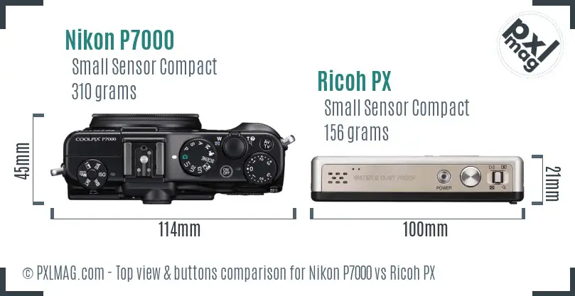 Nikon P7000 vs Ricoh PX top view buttons comparison