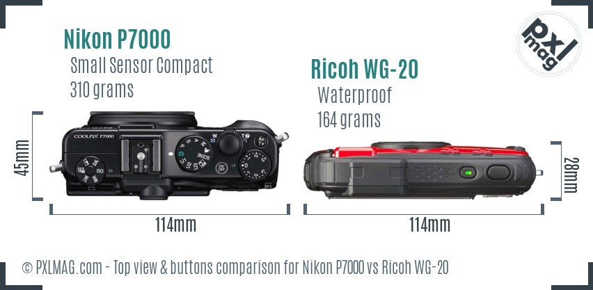 Nikon P7000 vs Ricoh WG-20 top view buttons comparison