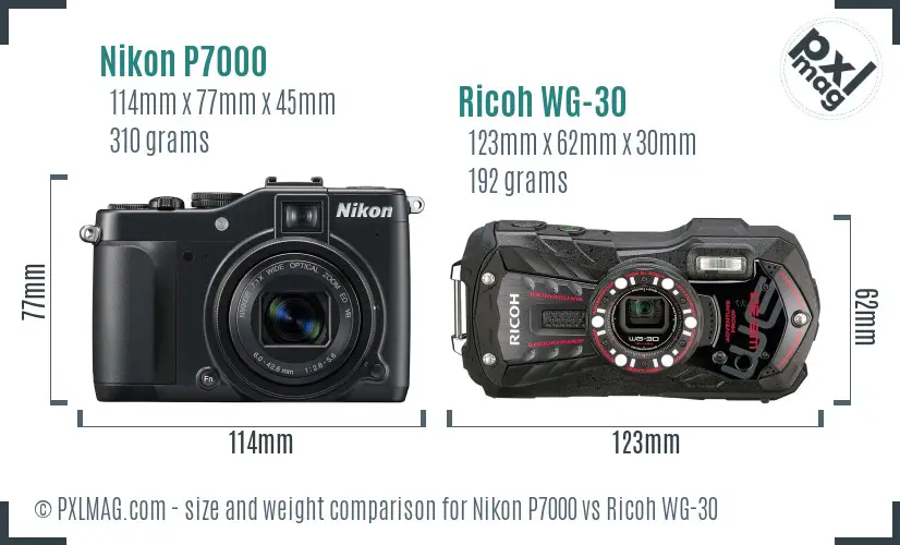 Nikon P7000 vs Ricoh WG-30 size comparison