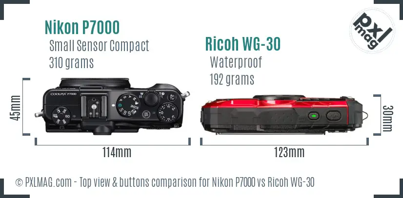 Nikon P7000 vs Ricoh WG-30 top view buttons comparison