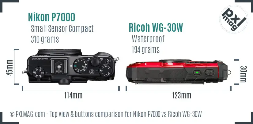 Nikon P7000 vs Ricoh WG-30W top view buttons comparison Nikon P7000 vs Ricoh WG-30W top view buttons comparison