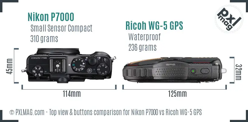 Nikon P7000 vs Ricoh WG-5 GPS top view buttons comparison