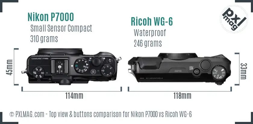 Nikon P7000 vs Ricoh WG-6 top view buttons comparison