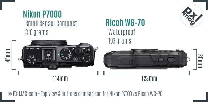 Nikon P7000 vs Ricoh WG-70 top view buttons comparison