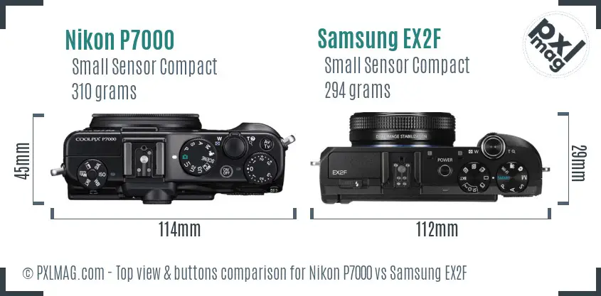 Nikon P7000 vs Samsung EX2F top view buttons comparison