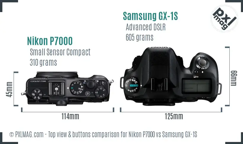 Nikon P7000 vs Samsung GX-1S top view buttons comparison