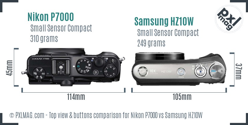 Nikon P7000 vs Samsung HZ10W top view buttons comparison
