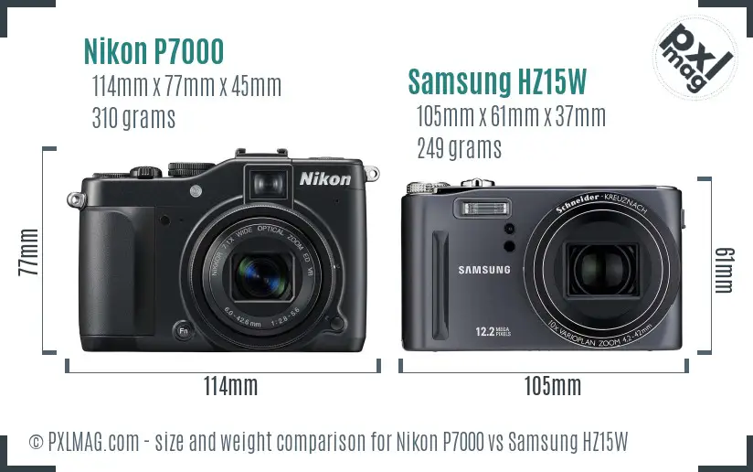 Nikon P7000 vs Samsung HZ15W size comparison