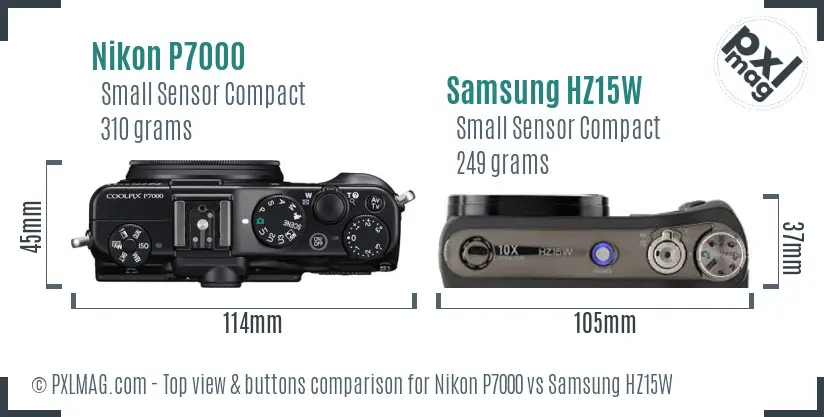 Nikon P7000 vs Samsung HZ15W top view buttons comparison