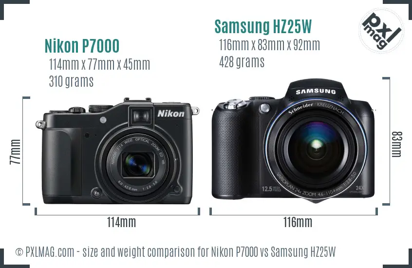Nikon P7000 vs Samsung HZ25W size comparison