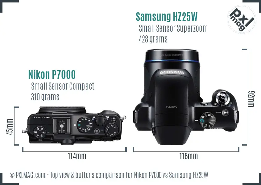 Nikon P7000 vs Samsung HZ25W top view buttons comparison