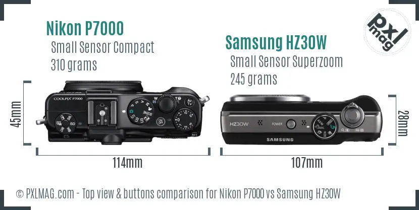 Nikon P7000 vs Samsung HZ30W top view buttons comparison