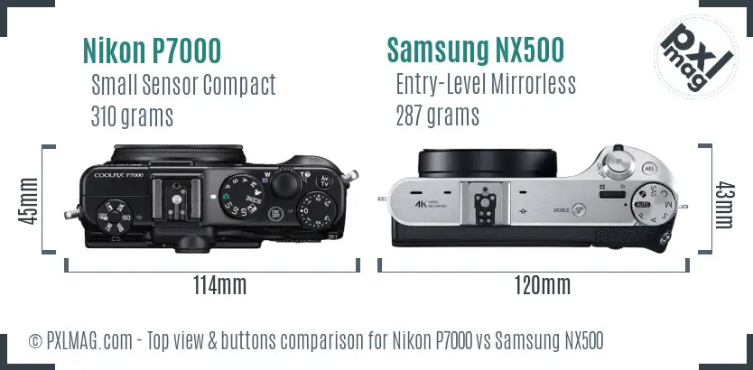 Nikon P7000 vs Samsung NX500 top view buttons comparison