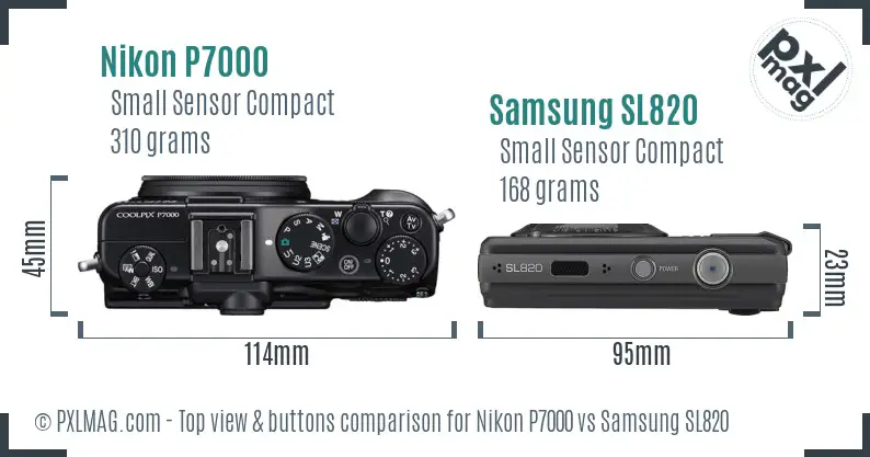 Nikon P7000 vs Samsung SL820 top view buttons comparison Nikon P7000 vs Samsung SL820 top view buttons comparison