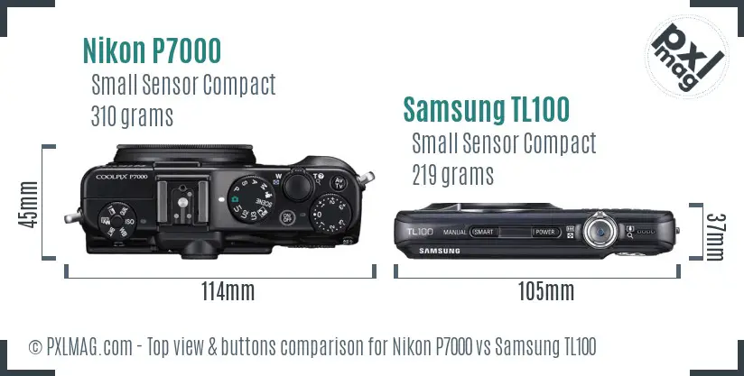 Nikon P7000 vs Samsung TL100 top view buttons comparison