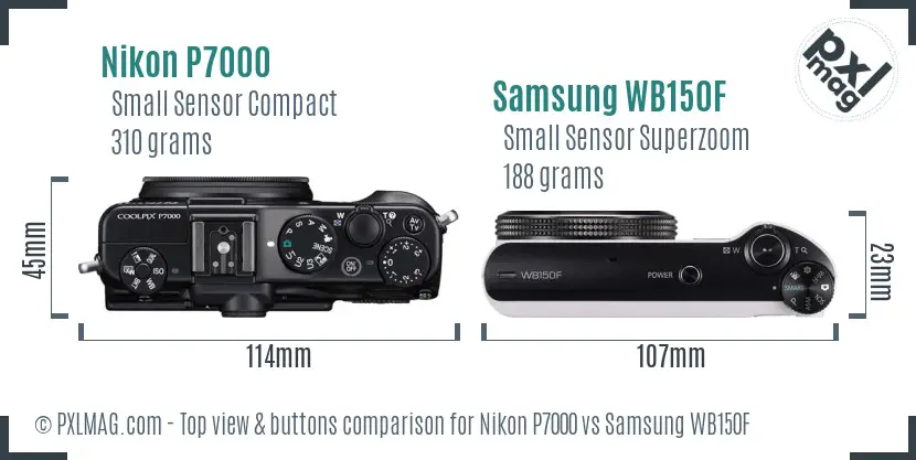 Nikon P7000 vs Samsung WB150F top view buttons comparison Nikon P7000 vs Samsung WB150F top view buttons comparison