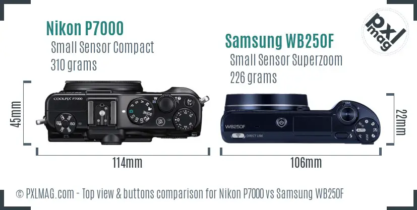 Nikon P7000 vs Samsung WB250F top view buttons comparison Nikon P7000 vs Samsung WB250F top view buttons comparison