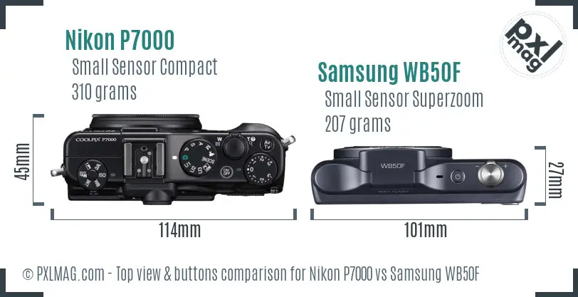 Nikon P7000 vs Samsung WB50F top view buttons comparison