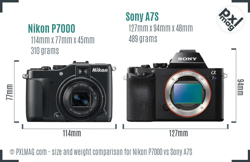 Nikon P7000 vs Sony A7S size comparison