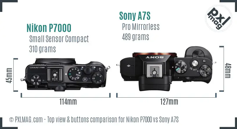 Nikon P7000 vs Sony A7S top view buttons comparison