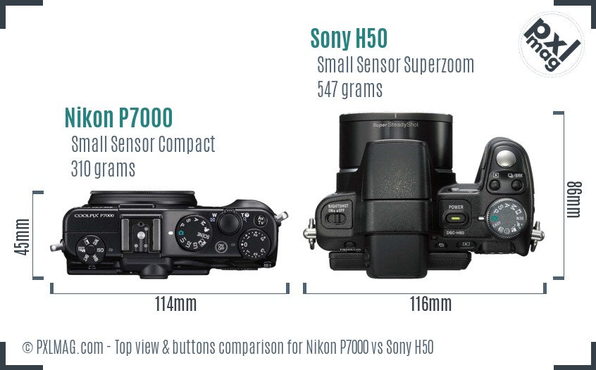 Nikon P7000 vs Sony H50 top view buttons comparison