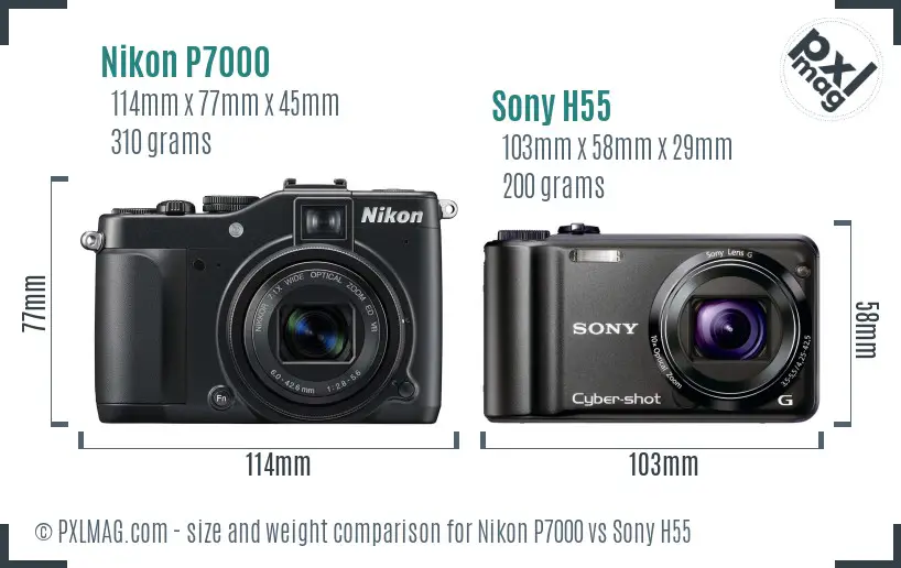 Nikon P7000 vs Sony H55 size comparison
