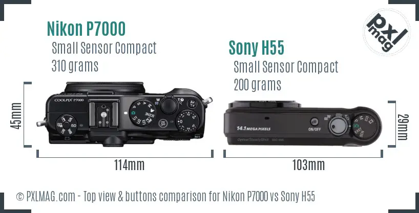 Nikon P7000 vs Sony H55 top view buttons comparison