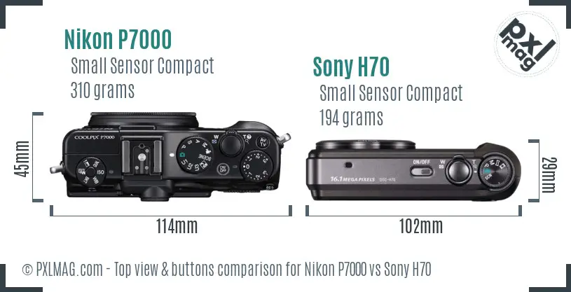 Nikon P7000 vs Sony H70 top view buttons comparison Nikon P7000 vs Sony H70 top view buttons comparison