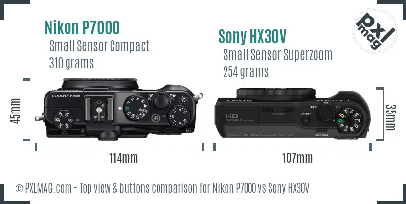 Nikon P7000 vs Sony HX30V top view buttons comparison