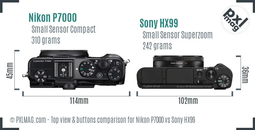 Nikon P7000 vs Sony HX99 top view buttons comparison