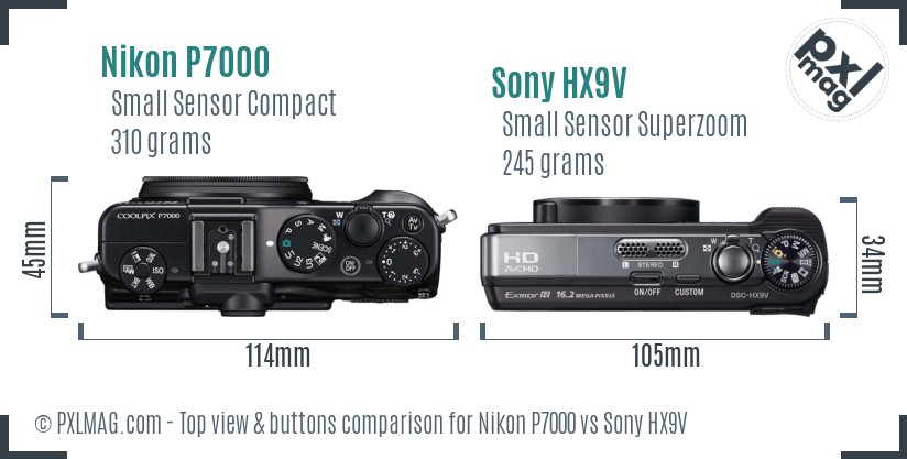 Nikon P7000 vs Sony HX9V top view buttons comparison