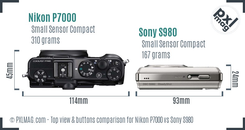 Nikon P7000 vs Sony S980 top view buttons comparison