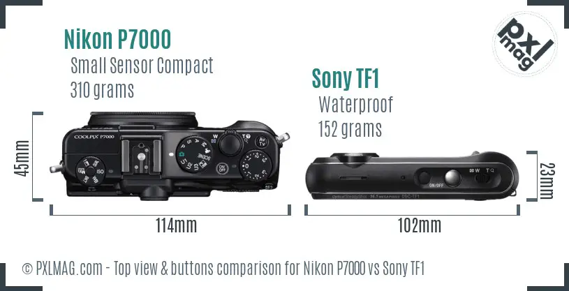 Nikon P7000 vs Sony TF1 top view buttons comparison