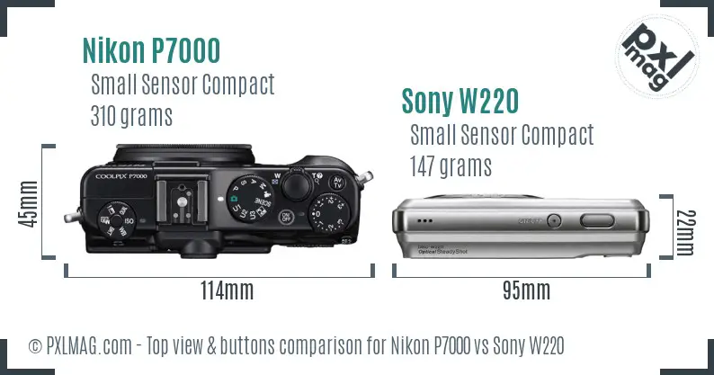 Nikon P7000 vs Sony W220 top view buttons comparison