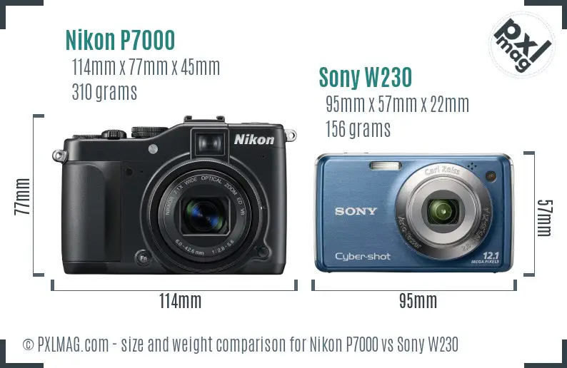 Nikon P7000 vs Sony W230 size comparison