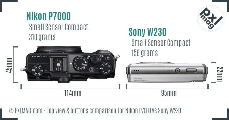 Nikon P7000 vs Sony W230 top view buttons comparison