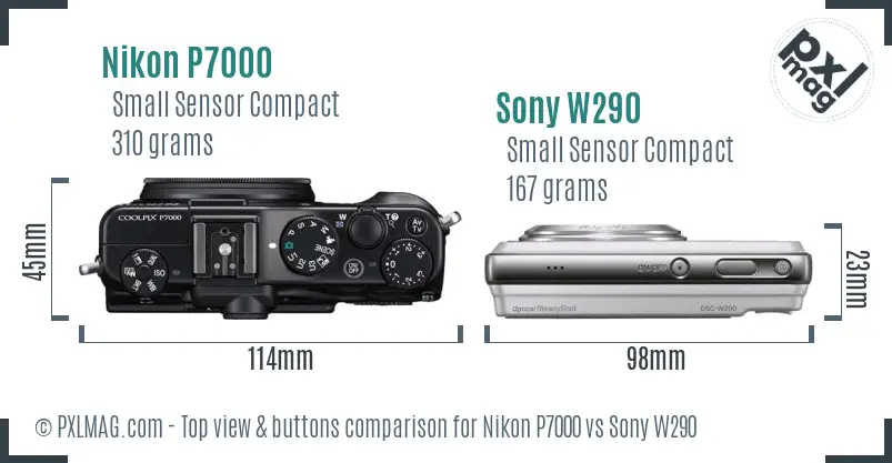 Nikon P7000 vs Sony W290 top view buttons comparison