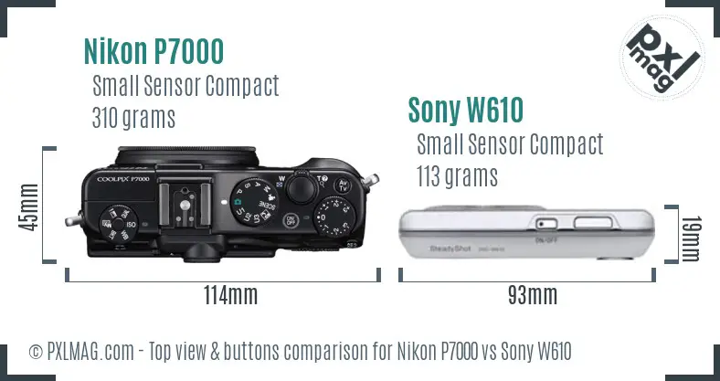 Nikon P7000 vs Sony W610 top view buttons comparison