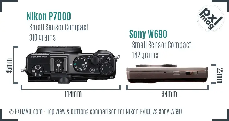 Nikon P7000 vs Sony W690 top view buttons comparison